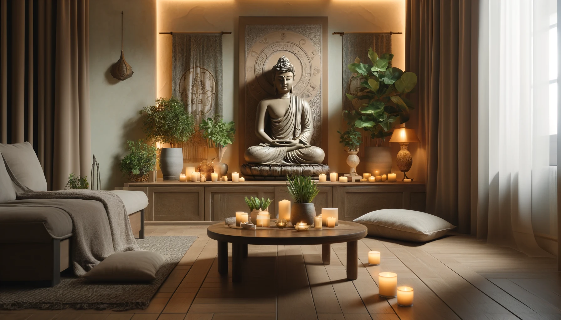 A serene and tranquil home decor scene featuring a Buddha temple theme. The room has a soft color palette with earth tones. There is a large statue of Buddha in a meditative pose, surrounded by small, flickering candles and fresh green plants. The furniture includes a low, wooden coffee table and comfortable cushions on the floor for sitting. There are also hanging tapestries with Buddhist motifs and a gentle waterfall feature in the background, creating a soothing sound. The lighting is soft and warm, adding to the peaceful ambiance.