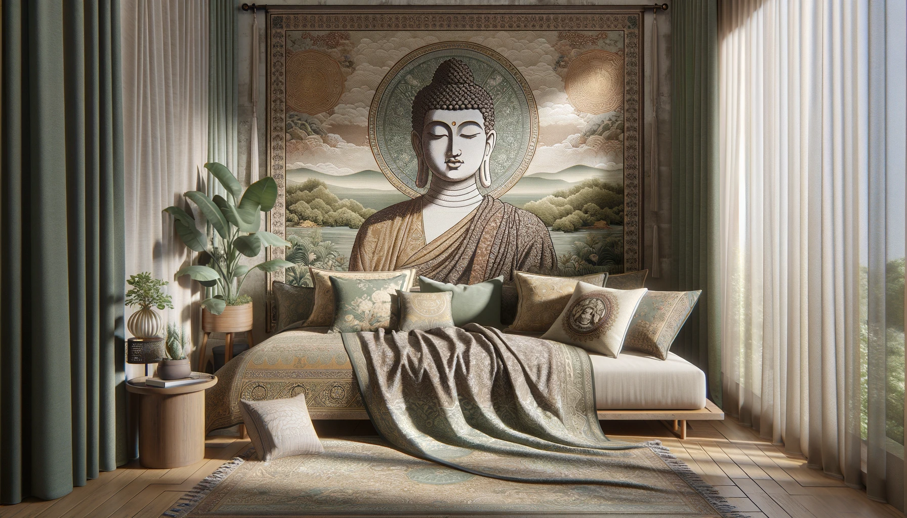 An elegantly decorated room showcasing Buddha home textiles. The scene includes a detailed tapestry with a Buddha motif hanging on the wall, complemented by matching throw pillows and a bedspread on a nearby daybed. The room features earthy tones and subtle greenery, enhancing the peaceful ambiance. Natural light streams through sheer curtains, casting soft shadows. This landscape-oriented image is designed to depict a tranquil and harmonious living space, perfect for relaxation and reflection.