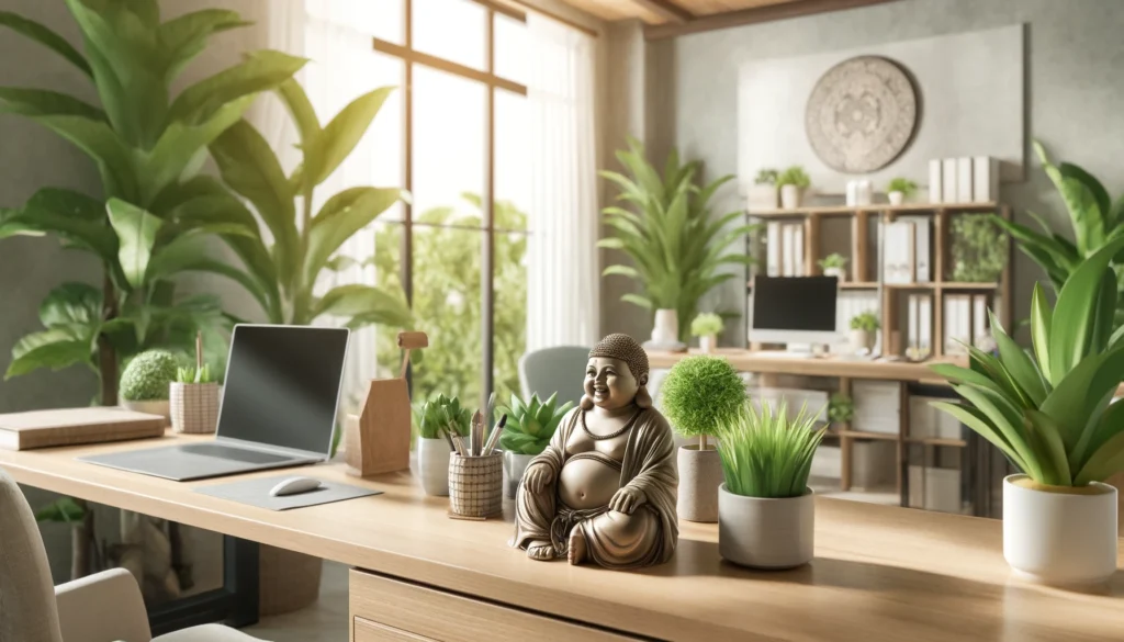 A serene office space designed with Feng Shui principles, featuring a Happy Buddha statue prominently placed on a desk. The desk is organized, surrounded by lush green plants, with natural light streaming through a large window. The background includes a peaceful, minimalistic décor with neutral colors, embodying a harmonious and productive work environment. 