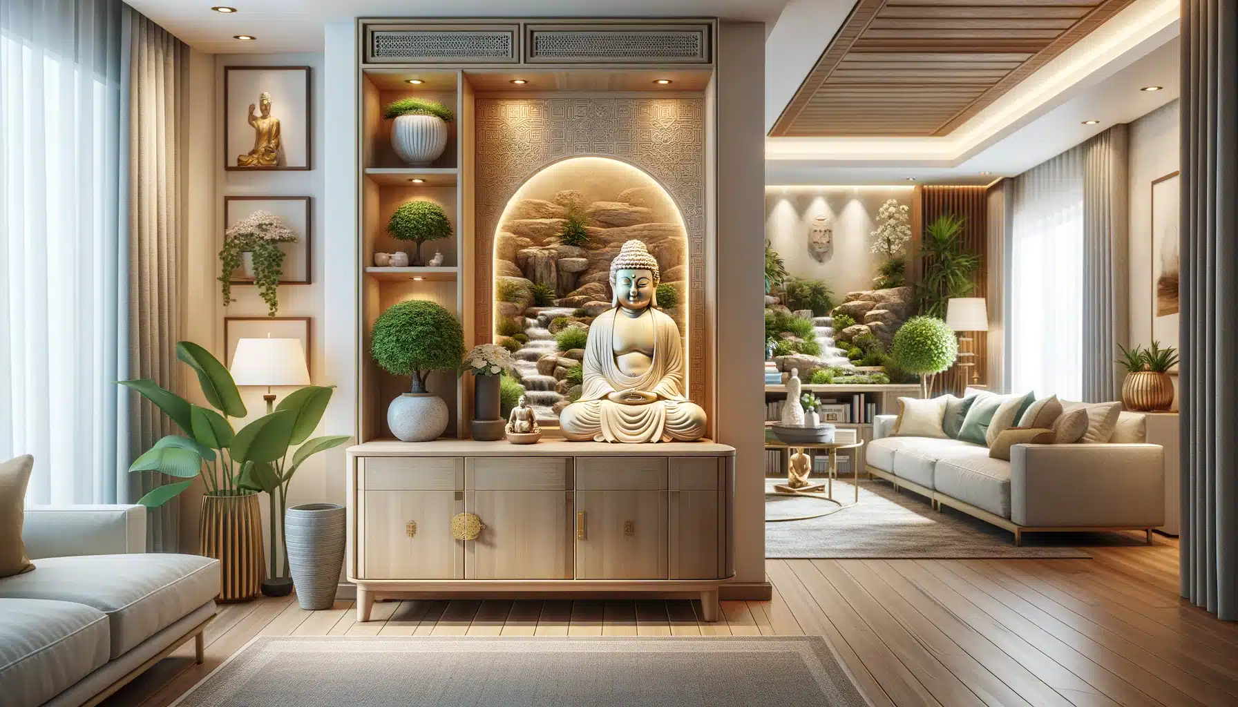 A cozy and inviting living space embodying Feng Shui principles, with an ideal placement of a Happy Buddha statue. The Buddha is positioned on a sideboard or shelf in the wealth corner of the room, which is typically the far left corner from the entrance. The room has soft lighting and includes elements such as a flowing indoor water feature, healthy green plants, and a clear path of entry. The decor is tasteful and minimalist, promoting a sense of abundance and well-being.