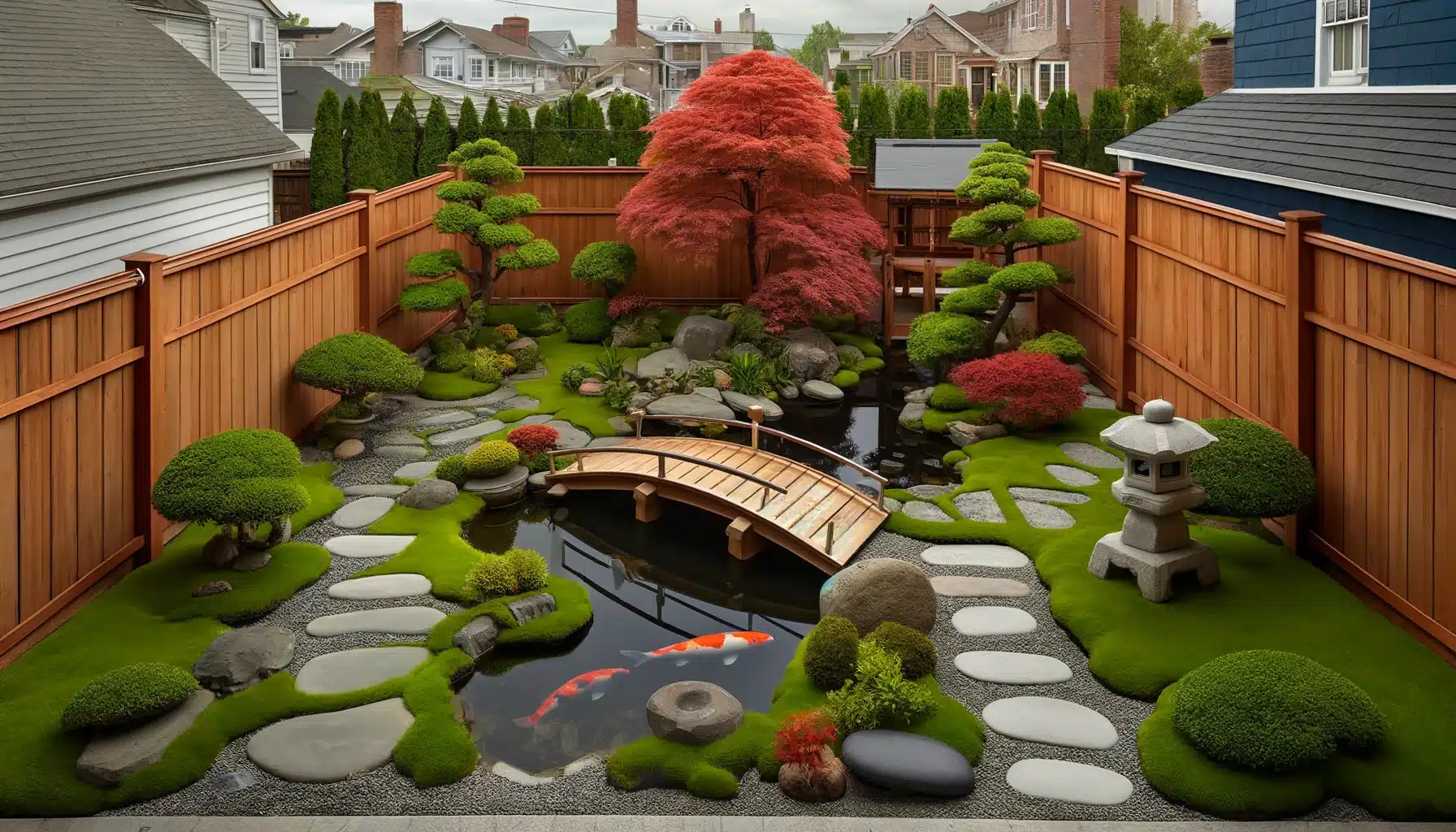 a Japanese garden designed in a suburban backyard in the USA. The scene includes a small koi pond with a simple wooden bridge spanning it, reflecting the accessibility of suburban space. Surrounding the pond are miniature Japanese maple trees, pruned to perfection, with vibrant leaves. Carefully arranged stones and gravel paths create a Zen-like atmosphere. A traditional stone lantern is placed near the pond as a focal point. The garden is bordered by a typical wooden fence found in American suburbs, and beyond the fence, the roofs of neighboring houses can be seen. This blend of Japanese tradition and American suburbia reflects a peaceful coexistence of cultural aesthetics.