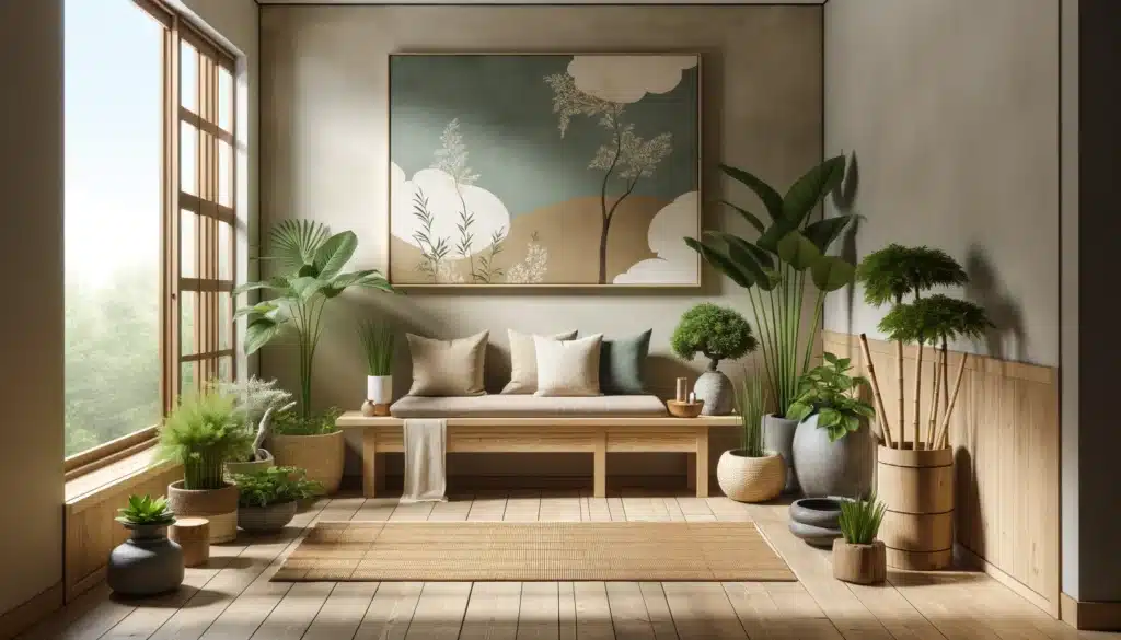 A peaceful Zen meditation corner in a home. The space is designed with calming colors such as soft blues, gentle greens, and warm beiges. It features a low wooden bench, a small bamboo water feature, and a variety of lush potted plants. The walls are adorned with subtle, nature-inspired art. A large window allows natural light to filter in, casting soft shadows on a bamboo mat on the floor. This serene setup is ideal for relaxation and mindfulness practices.