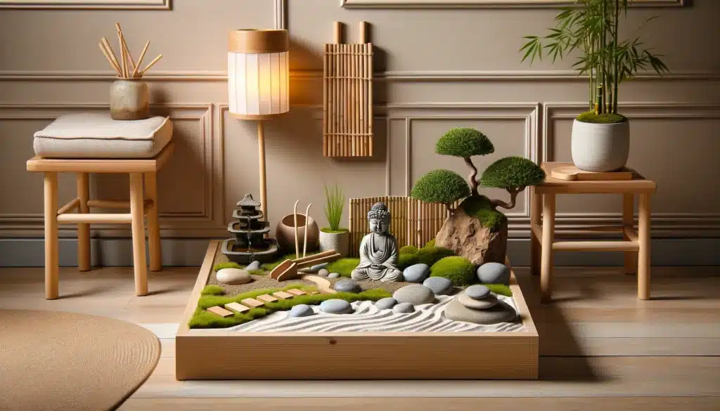 The image features a small indoor Zen garden corner with a variety of accessories: a mini sand rake, smooth stones, a small Buddha statue, and moss. The garden is complemented by a bamboo water fountain and soft ambient lighting. The background includes soft, neutral wall colors and a small wooden bench for seating, with simple, elegant decor that enhances the tranquil atmosphere.