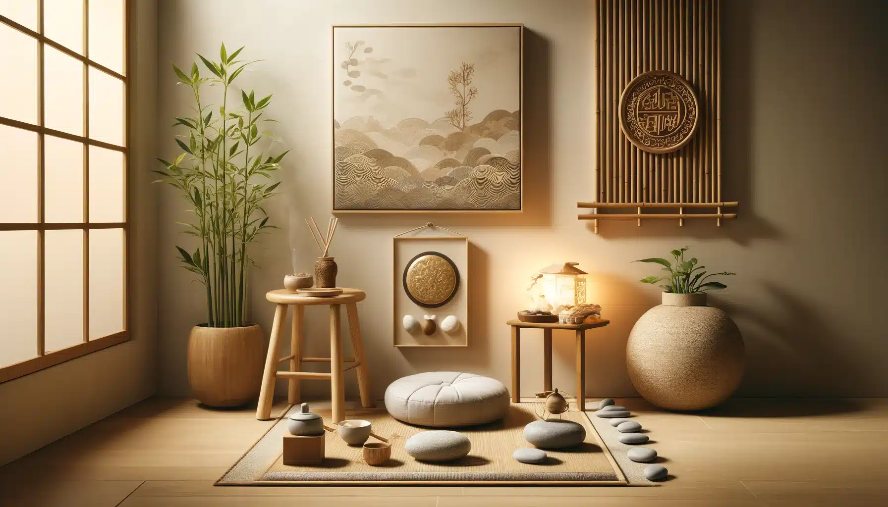 A display of Zen meditation corner essentials for creating serene spaces, in landscape layout. The image should include a small wooden stool, a meditation cushion, a low table with a tea set, an incense holder with light smoke, and a wall hanging with Zen-inspired art. The corner is decorated with natural elements like bamboo plants, smooth pebbles, and a calming water feature. Soft, natural lighting enhances the peaceful ambiance of the space.