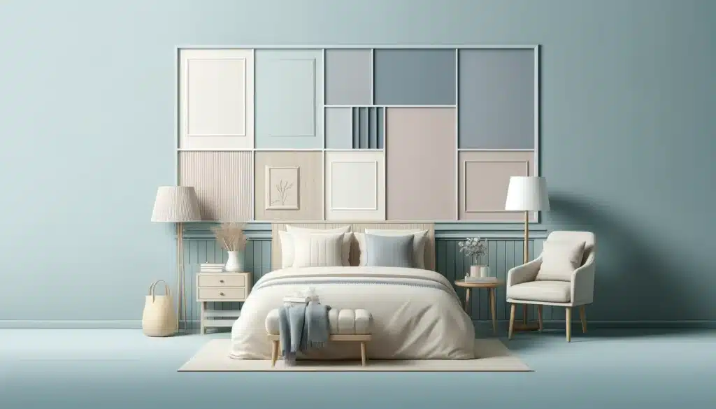 An informative image depicting a bedroom with a peaceful color palette for a serene design. The room features walls painted in soft, muted shades, perhaps pastel blue or gentle lavender. The bedding is in harmonizing soft colors with minimal patterns. There should be elements like a comfortable chair, a small bedside table with a lamp, and subtle decor such as a vase or books. The setting should convey tranquility and calmness, ideal for relaxation and rest