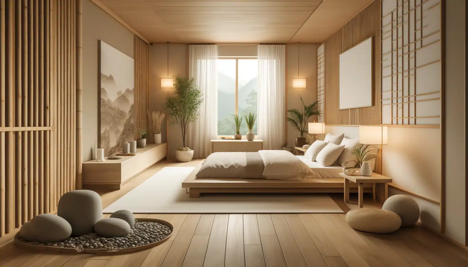 A serene and calming Zen bedroom layout. The room should feature a minimalist design with a focus on natural materials and a soothing color palette. Elements such as a low platform bed, simple bedding, bamboo or wooden accents, and plenty of natural light from large windows should be included. The decor should include Zen-inspired elements like a small indoor water fountain, pebbles, and subtle greenery to enhance the peaceful atmosphere. The room should embody tranquility and simplicity, ideal for meditation and relaxation