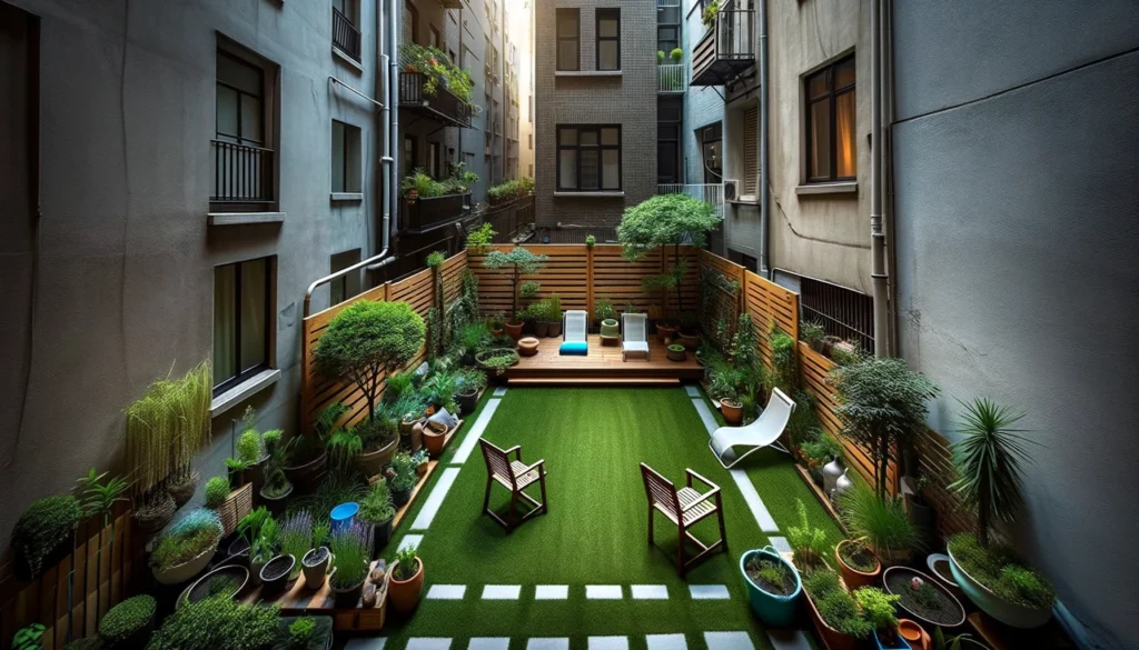 A city backyard garden transformed into a tranquil meditation and yoga space, featuring ordinary elements like a small grassy area, a few simple garden chairs, potted plants, and a compact water feature. The space is confined by surrounding urban buildings, creating an intimate, peaceful retreat for city dwellers.