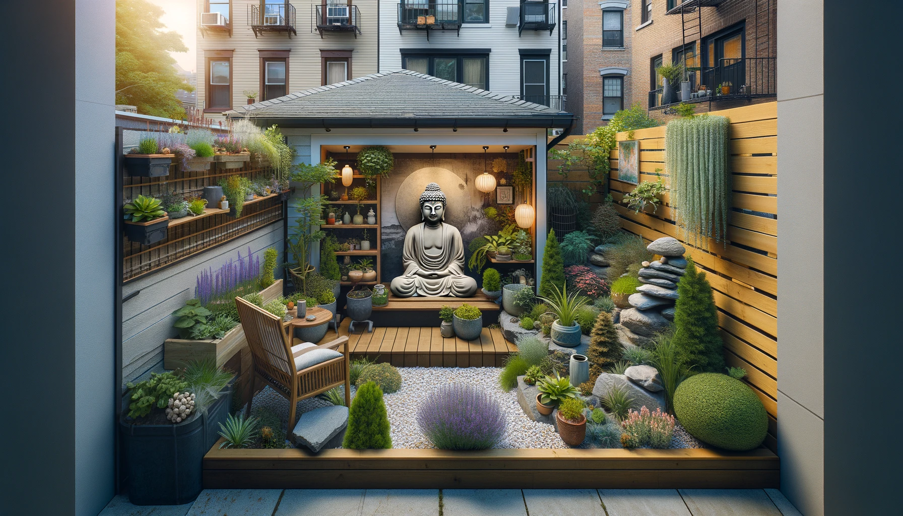 An urban Buddha garden creatively designed for a city backyard. This image showcases a small, private garden area set against a typical urban home with a view of neighboring buildings. It includes a small Buddha statue as the centerpiece, surrounded by a mix of perennial plants, shrubs, and decorative stones. The garden utilizes vertical space with hanging plants and features a small seating area for meditation, encapsulating a personal retreat in a bustling city environment