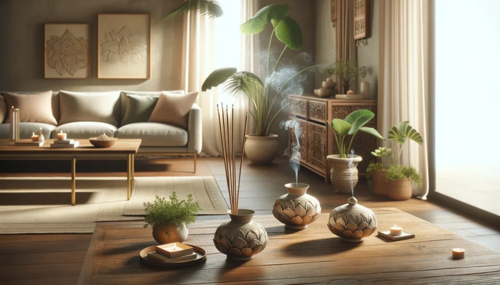 A serene home decor scene featuring lotus-embossed incense holders. A tranquil living room with soft natural lighting, wooden furniture, and potted plants. The beautifully adorned incense holders are placed on a rustic wooden table, emitting gentle streams of fragrant smoke. The room has a calm and peaceful ambiance, with neutral tones and minimalist decor enhancing the overall serenity.
