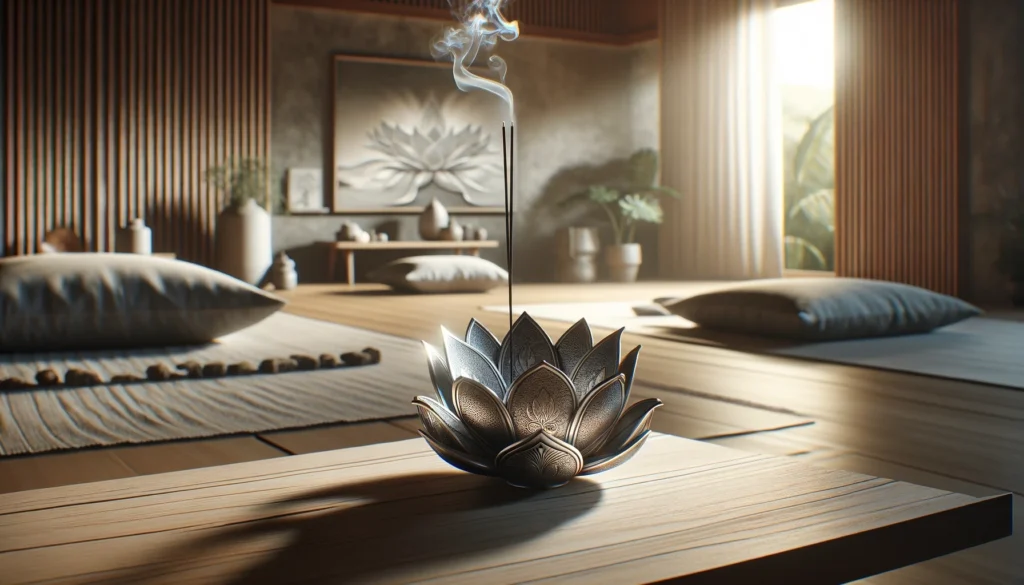 An aluminum lotus-embossed incense holder on a table in a meditation room. The room is serene, with soft lighting and minimalist decor. The incense holder, intricately designed with a lotus motif, is placed on a wooden table. Gentle trails of smoke rise from the incense, adding to the tranquil atmosphere. The room includes cushions, a yoga mat, and a few potted plants, creating a peaceful and inviting space for meditation.