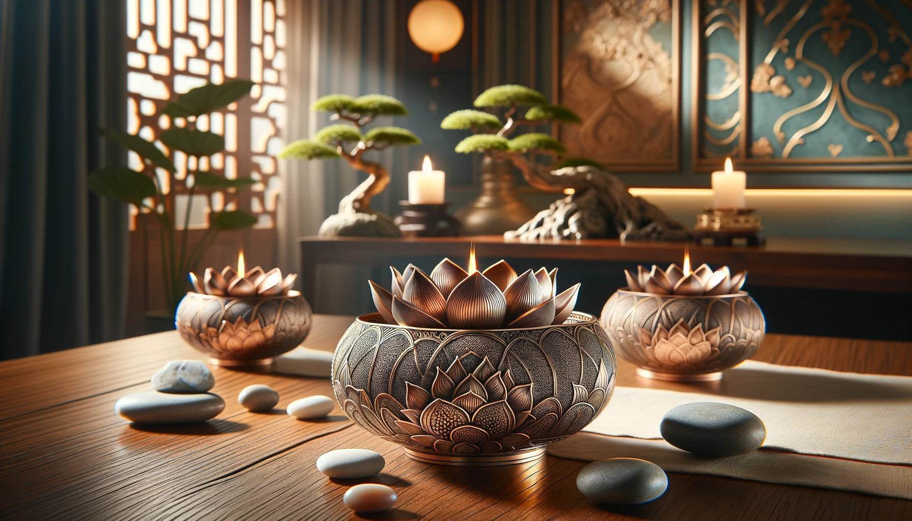 A room featuring intricately designed lotus-embossed incense holders on a polished wooden surface. The holders are surrounded by smooth pebbles, a small bonsai tree, and scattered lotus petals. Soft lighting enhances the tranquil and sophisticated ambiance.