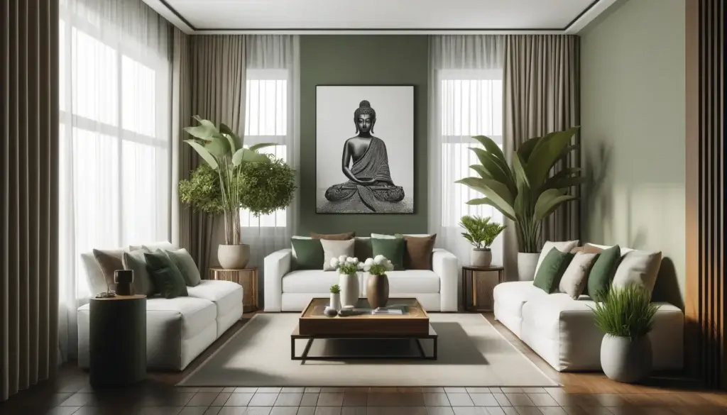 A modern living room with Eastern-inspired interiors. The room features two white sofas adorned with green and brown throw pillows, centered around a wooden coffee table with a glass top. Large potted plants are placed in each corner, adding a touch of nature. White curtains frame a large window, allowing natural light to flood the space. On the olive-green accent wall, a black and white artwork of a meditating Buddha adds a focal point, enhancing the room's tranquil and stylish decor. The overall atmosphere is serene and inviting, reflecting Eastern design principles of harmony and balance.