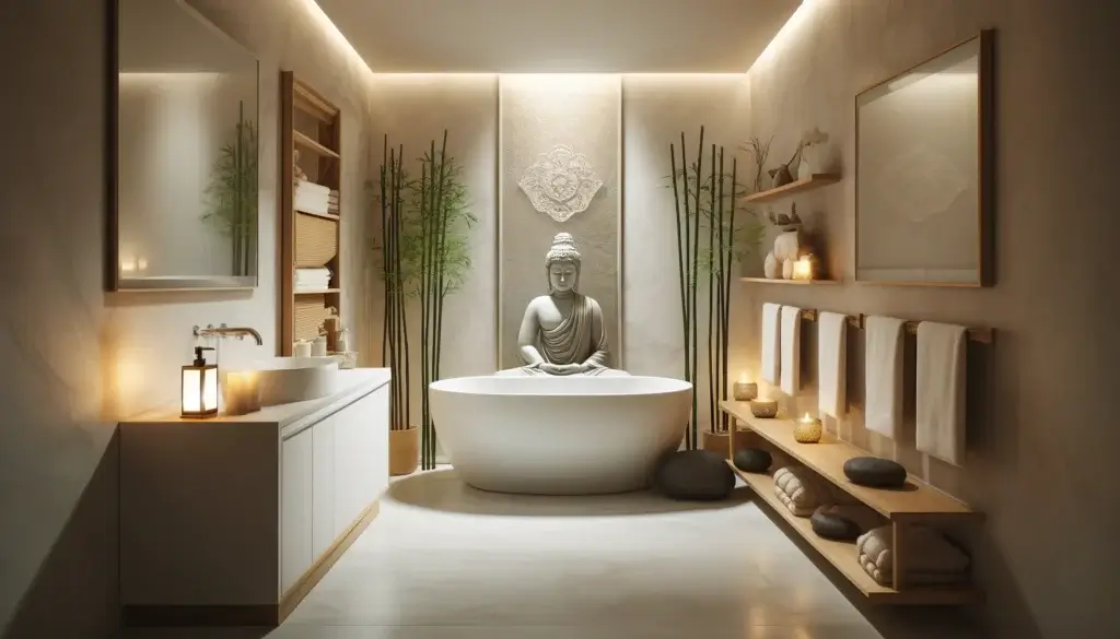 A modern bathroom transformed into a spa-like sanctuary with Zen and Buddha decor. The bathroom features a large freestanding bathtub with white and neutral tones. A Buddha statue is placed near the tub, creating a calming focal point. There are bamboo plants and stones arranged around the bathtub, enhancing the Zen ambiance. Soft, diffused lighting illuminates the space, reflecting off the natural stone tiles. Towels and bath products are neatly arranged on wooden shelves, adding to the serene, spa-like atmosphere. The overall feel is tranquil, inviting, and reminiscent of a high-end spa.