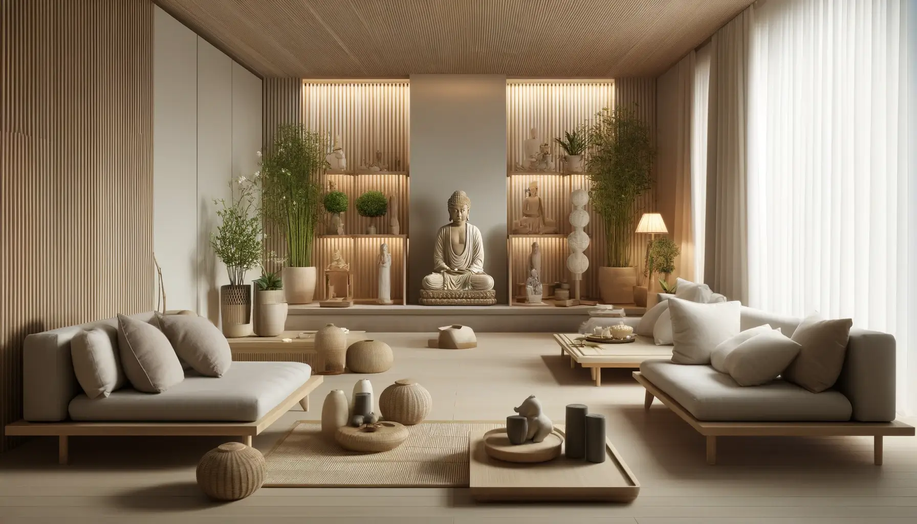 A modern living space with Zen and Buddha interior design elements. The room features a calm, neutral color palette with natural materials. A large Buddha statue serves as a focal point, surrounded by green plants and bamboo decor. The space includes a comfortable seating area with soft cushions and low wooden tables. Minimalist shelving displays simple, elegant ornaments and candles, enhancing the serene atmosphere. Soft, diffused lighting creates a warm and inviting ambiance, perfect for relaxation and meditation. The overall design reflects harmony, balance, and tranquility.