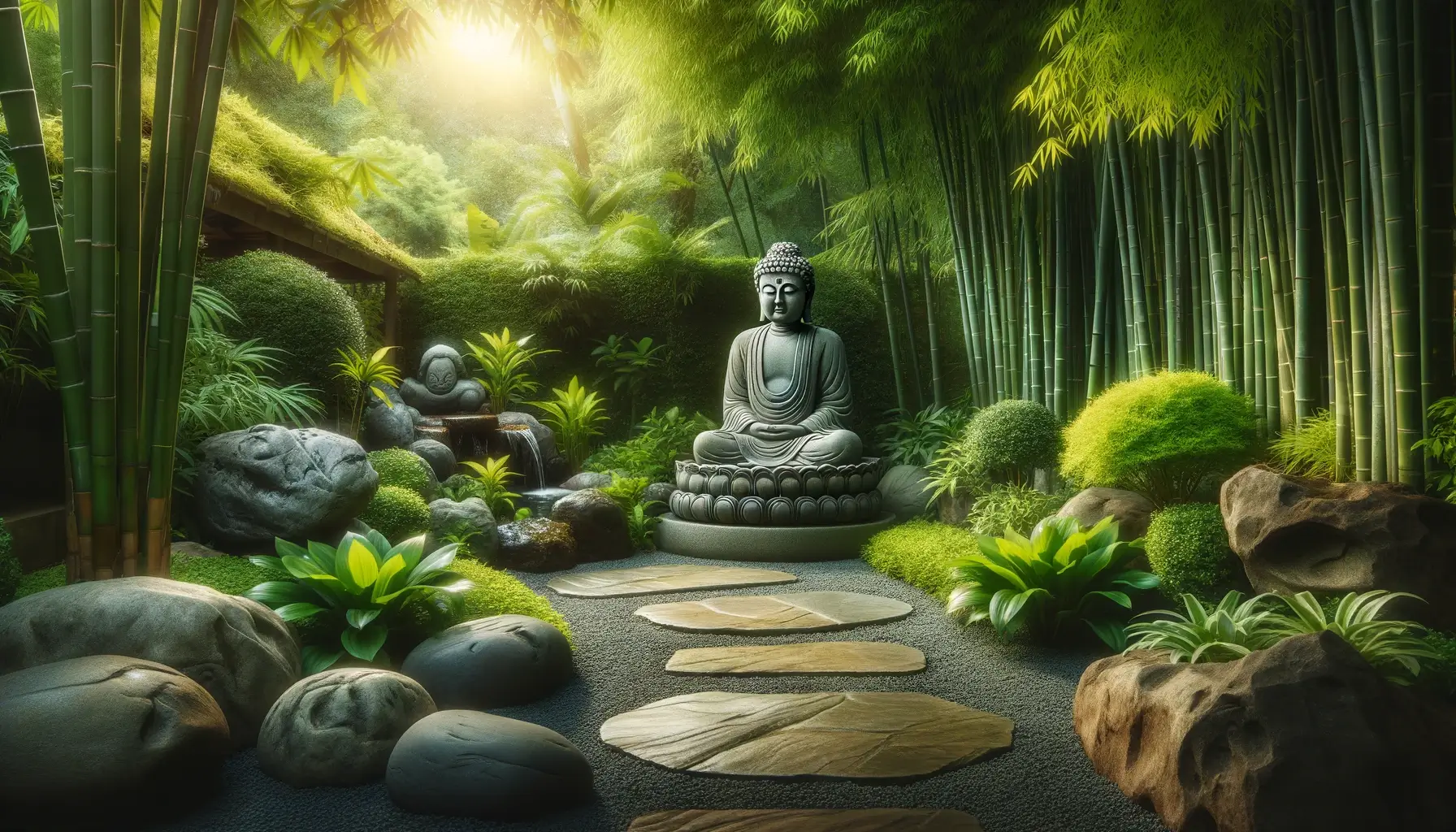 A tranquil Buddha-inspired garden with a serene stone Buddha statue seated on a lotus pedestal. The garden features lush greenery, bamboo, a stone pathway, smooth rocks, and vibrant plants, creating a peaceful and meditative atmosphere. Sunlight filters through the dense foliage, enhancing the calming environment.