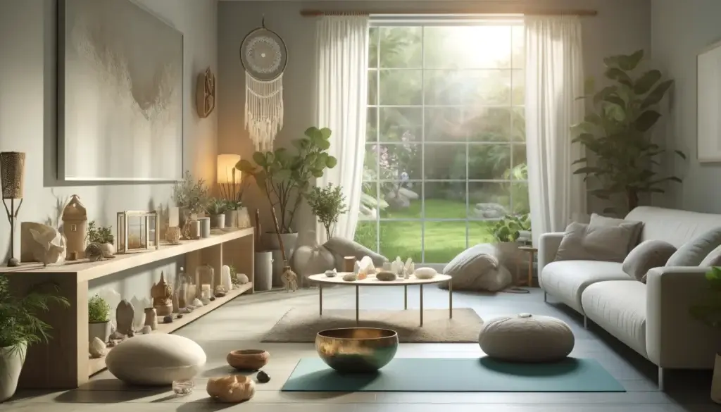 A serene, calming living room filled with spiritual home accessories that enhance well-being. The room has large windows letting in natural light, with a view of a peaceful garden outside. Inside, there's a meditation corner with soft cushions, a low table with a singing bowl, and a few crystals arranged aesthetically. Incense sticks emit a gentle smoke, and there are plants placed around the room. A yoga mat is rolled out on the floor. The decor includes serene wall art, a dream catcher, and light-colored, minimalist furniture that creates a tranquil atmosphere