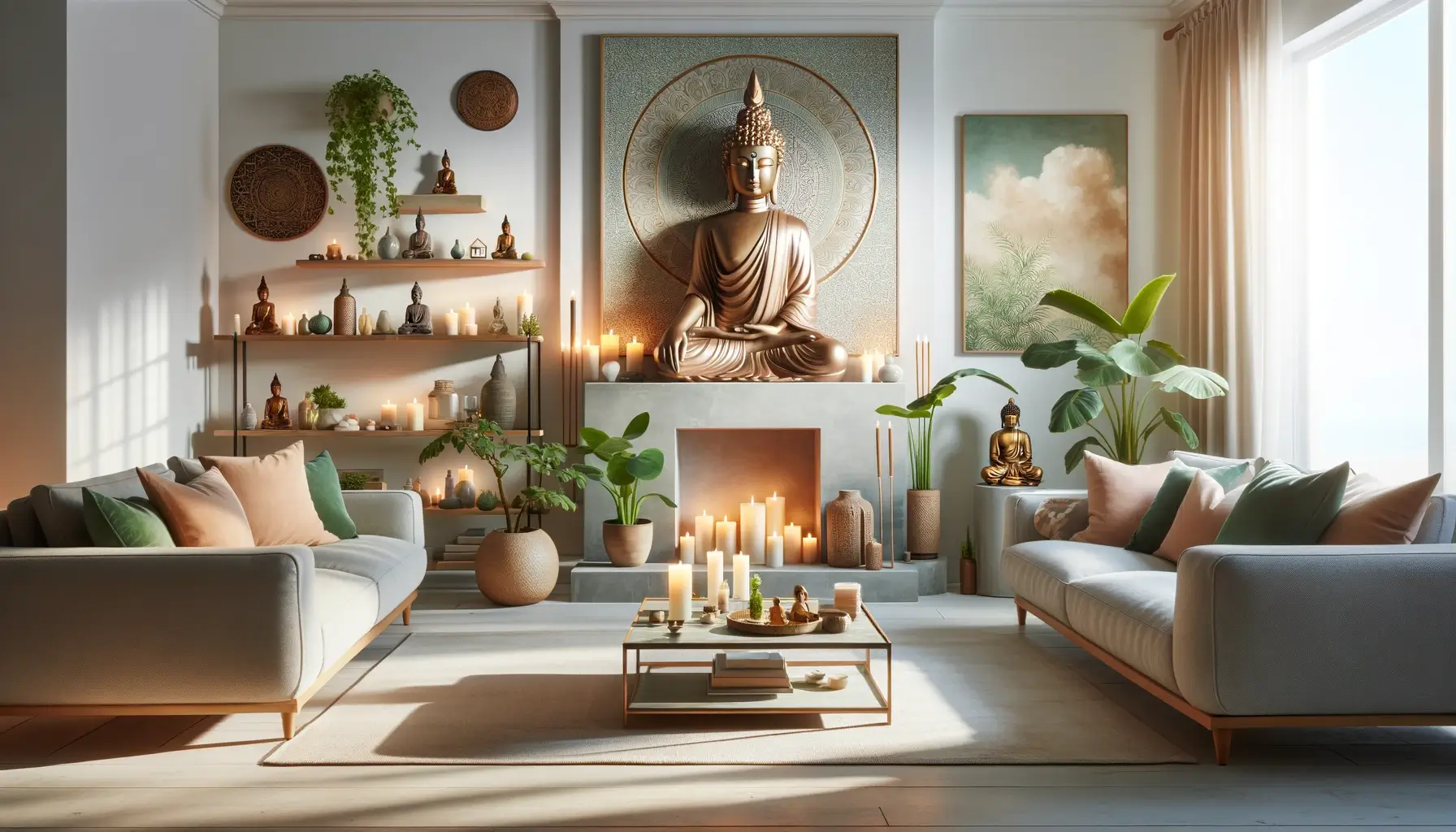 Prompt: A beautifully decorated living space with Buddha decorations that elevate the ambiance. The room features a large Buddha statue as a central piece, surrounded by candles, lush green plants, and serene wall art. Soft, natural lighting floods the room through large windows, highlighting the calming decor. The furniture is minimalist and elegant, with a focus on tranquility and balance. Additional elements include small Buddha figurines on shelves, incense sticks, and soothing colors that create a peaceful and harmonious atmosphere.