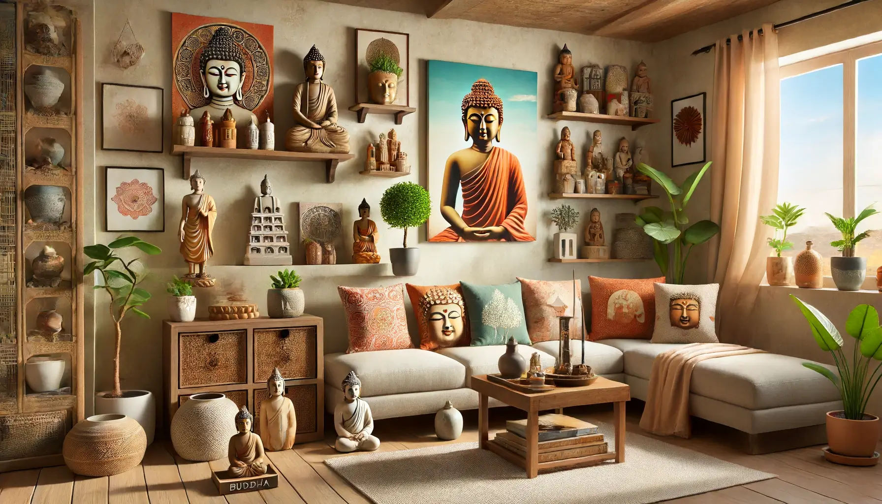 A cozy home interior showcasing 10 budget-friendly ways to incorporate Buddha into decor. Includes small Buddha statues on shelves, Buddha-themed cushions on a sofa, a Buddha painting on the wall, a Buddha incense holder on a coffee table, a Buddha door stopper, a Buddha wall hanging, a Buddha plant pot, Buddha bookends, a Buddha candle holder, and Buddha-themed coasters. The scene is warm, inviting, and filled with natural light.