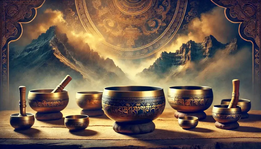 A beautiful depiction of Tibetan singing bowls with a rich history dating back to ancient times displayed in a serene setting with mountains in the background.