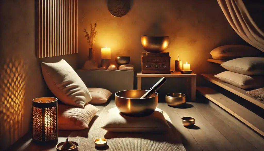 A serene mindfulness or meditation space with a Tibetan singing bowl. the space includes soft cushions dim lighting a small altar with a candle.