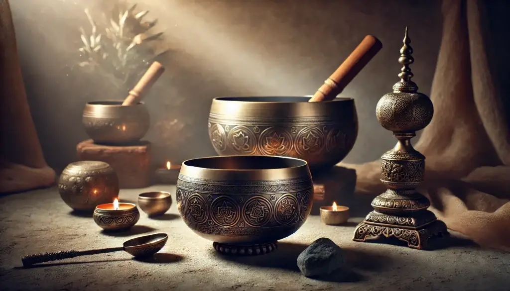 Tibetan singing bowls made from metals with a natural earthy quality placed in a serene setting with soft lighting showcasing their intricate design.