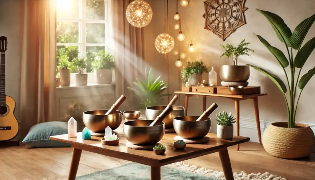 A serene home setting with Tibetan singing bowls placed on a wooden table surrounded by soft lighting and natural elements like plants and crystals. 