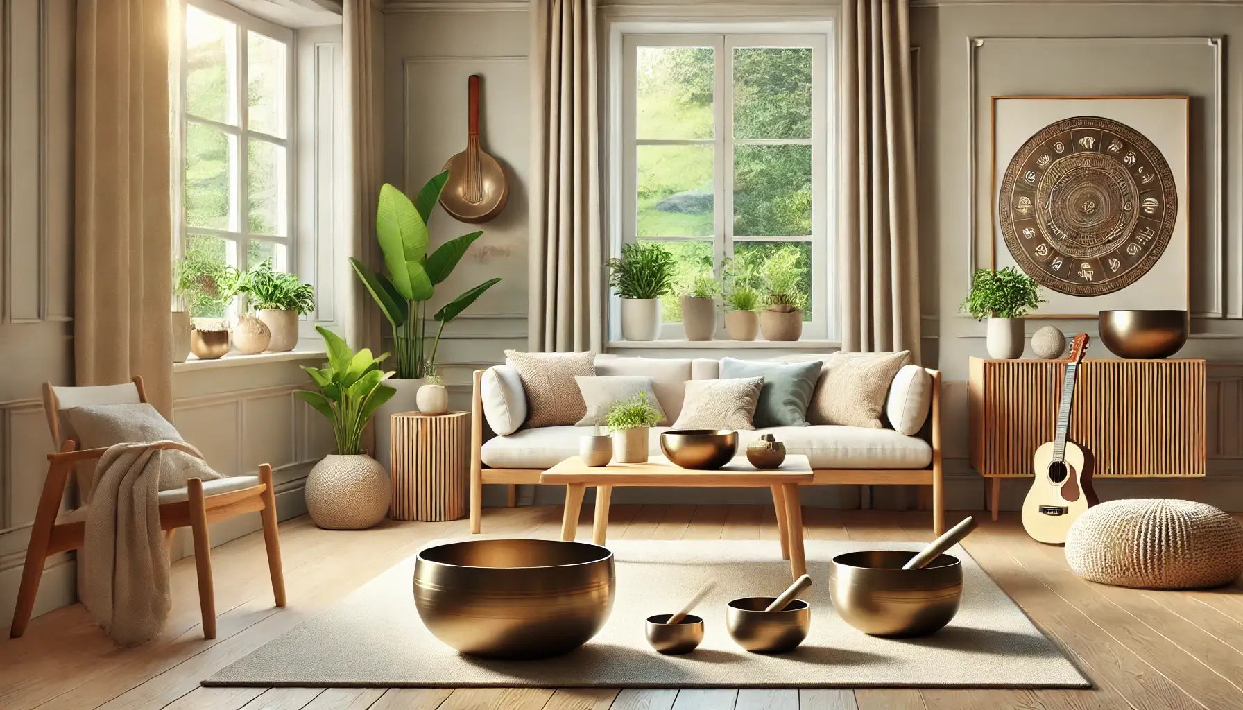 A beautifully decorated living room featuring Tibetan singing bowls. the room has a calm and serene atmosphere with the bowls placed strategically on a table.