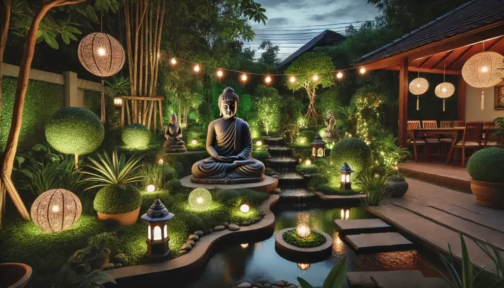 A serene Buddha garden with various lighting options. the garden features a peaceful Buddha statue surrounded by lush greenery small water features.