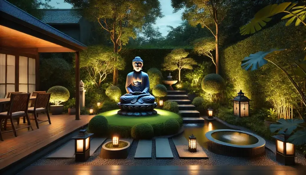 A serene Buddha garden with minimal lighting options. the garden features a peaceful Buddha statue surrounded by lush greenery small water features. 