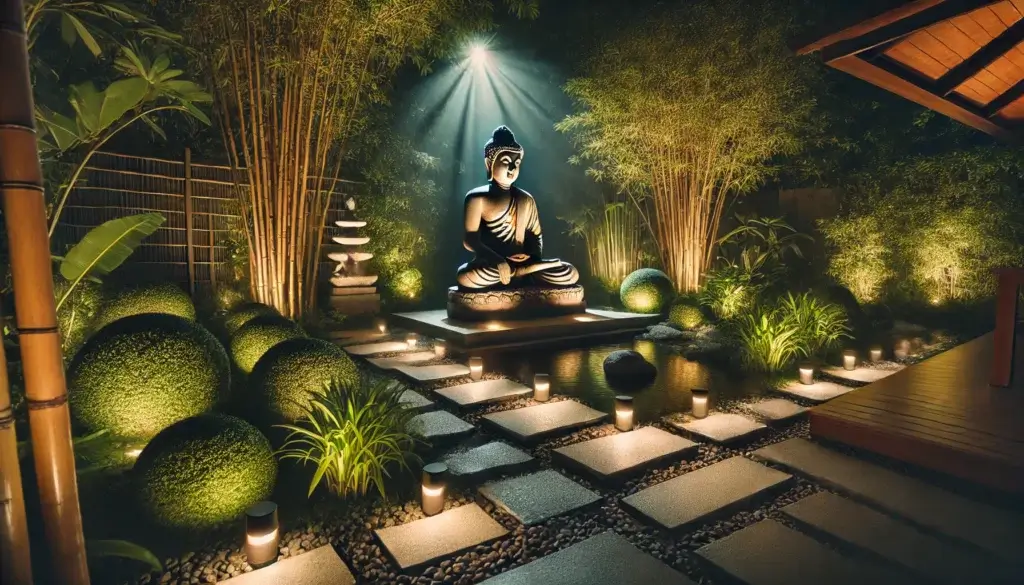 A  Buddha garden at night with carefully placed lighting. soft spotlights illuminate the Buddha statue casting gentle shadows that highlight it.