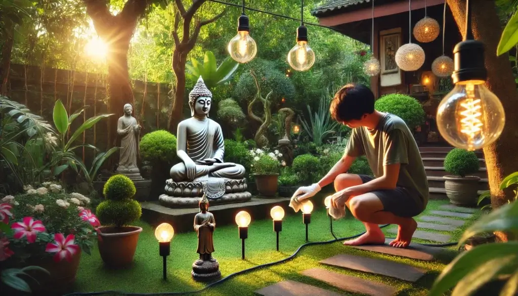 A person cleaning their garden lights in a peaceful garden setting. the garden features a serene Buddha statue surrounded by lush greenery and blooming plant life.