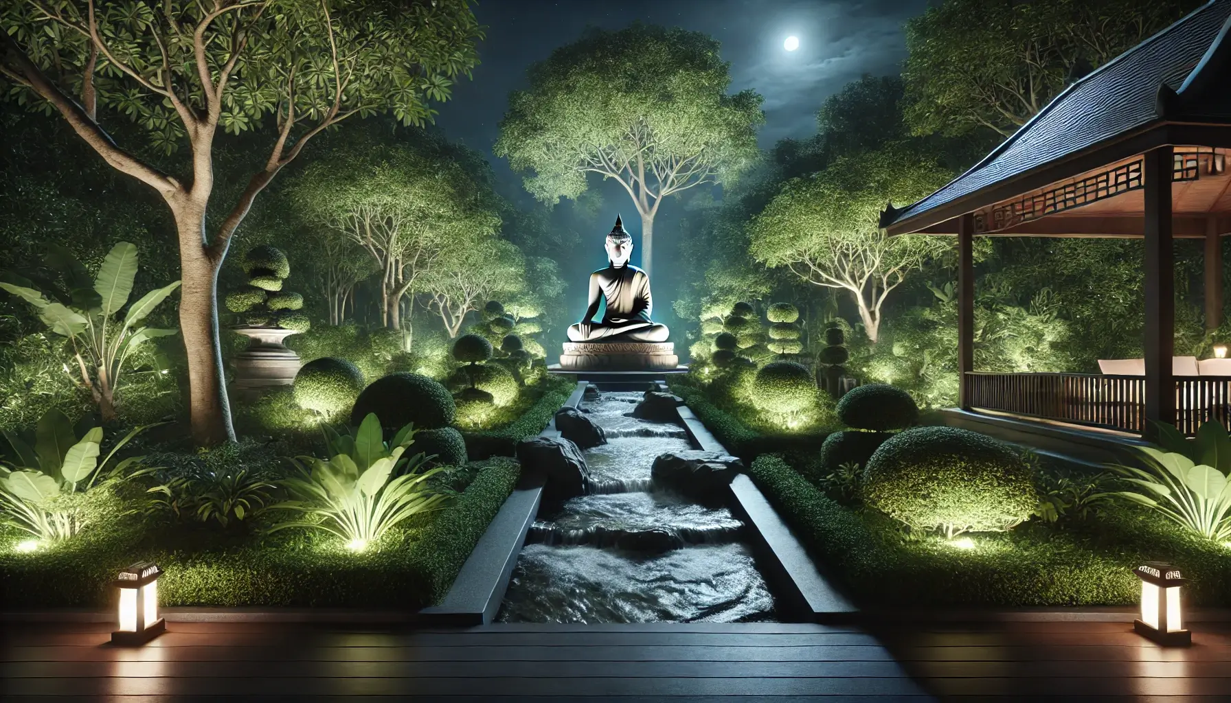 A serene Buddha garden at night with no visible lights. The garden features a central Buddha statue surrounded by lush greenery and gentle streams. The natural moonlit glow creates a peaceful and tranquil ambiance, ideal for meditation and relaxation. This image illustrates The Perfect Lighting Options For Your Buddha Garden, emphasizing the beauty of lights and the serenity it brings to the garden setting.