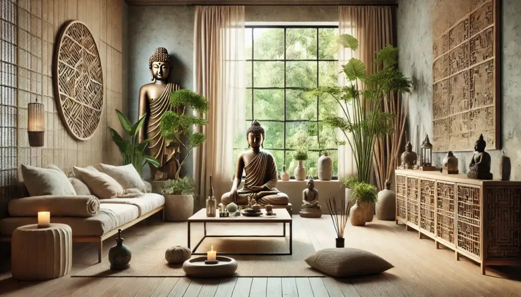 A serene home interior inspired by Buddha elements featuring a calming zen like living space with Buddha statues natural wooden furniture and earth elements.