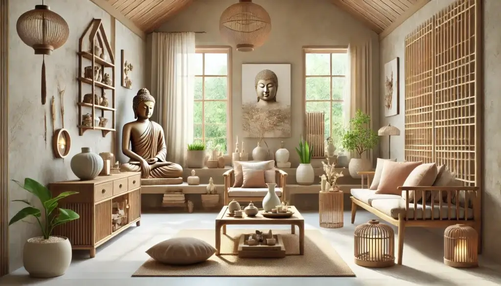 A serene home interior inspired by Buddha elements featuring a calming zen like living space with Buddha statues natural wooden furniture.