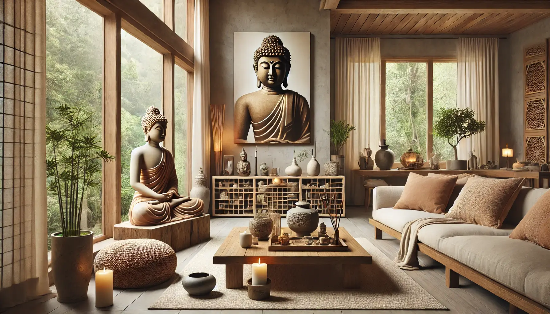 A serene home interior inspired by Buddha elements, featuring a zen-like living space with Buddha statues, natural wooden furniture, and earthy tones. The room has large windows allowing natural light to flood in, creating a peaceful atmosphere. Additional elements include indoor plants, a small water fountain, incense sticks, and soft cushions, emphasizing simplicity and natural materials for a tranquil and harmonious feel.