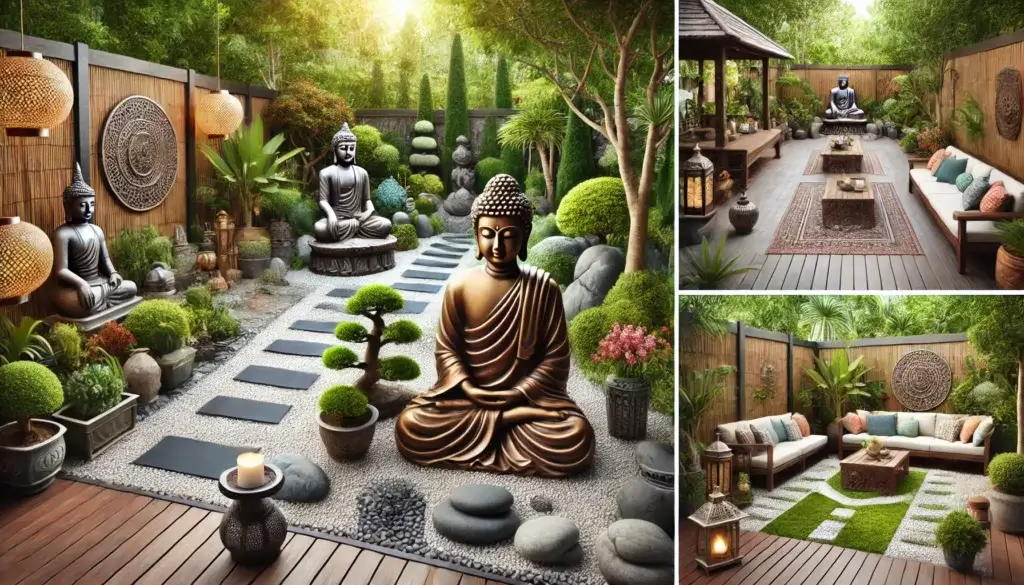 An outdoor space incorporating Buddha decor into various themes. the first theme is a zen garden with a Buddha statue surrounded by raked gravel rock.