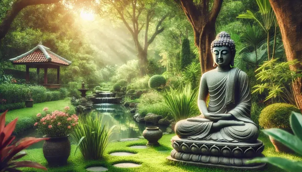 Buddha garden statue in a serene garden setting surrounded by lush greenery with soft sunlight filtering through the trees. 