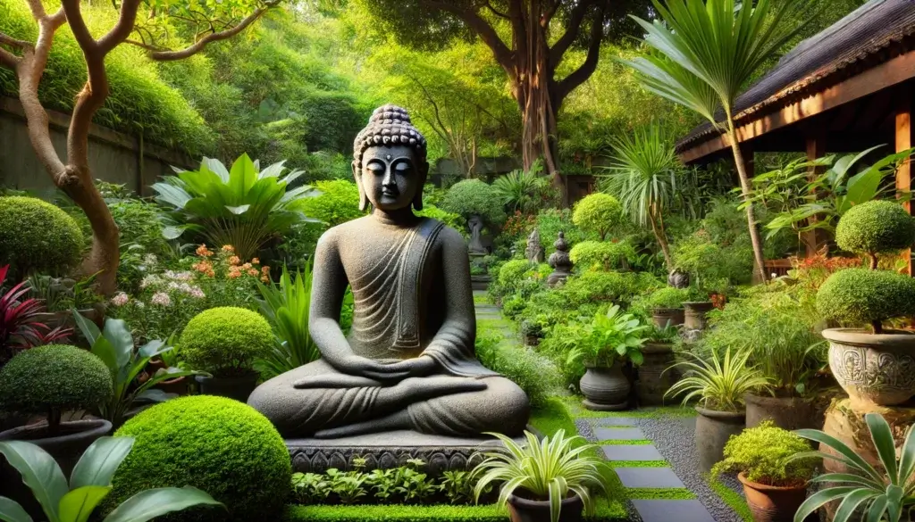 A serene Buddha statue in a lush garden. the statue is made of stone with a weathered look sitting in a meditative pose. 