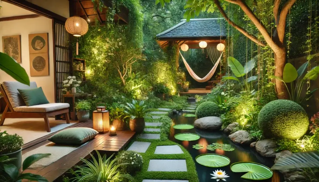 A serene meditation space in a garden. the scene includes a tranquil lush garden with a variety of green plants and flowers. 