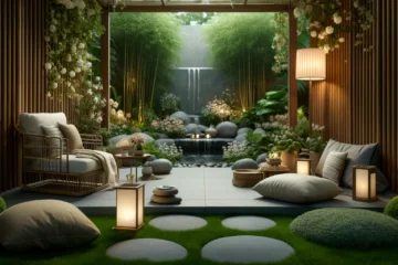 A serene meditation space in a garden featuring a comfortable seating area with cushions surrounded by lush greenery blooming flowers. Buddha Garden Decor.