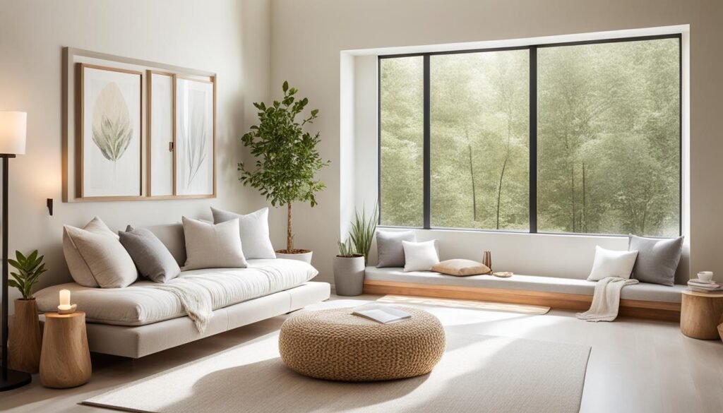 A serene, Zen inspired reading room featuring minimalist decor. The space includes a cozy sofa with neutral-colored cushions, a round woven ottoman, a large window offering a peaceful view of greenery, and simple wall art with botanical themes. neutral colors, woven ottoman, large window, greenery, botanical wall art, natural light.