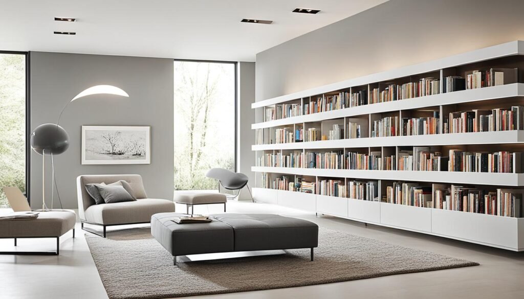 A modern Zen inspired library room featuring sleek, minimalist decor. The room includes a comfortable lounge area with contemporary furniture in neutral tones, a large floor lamp, and expansive built-in bookshelves filled with books. Large windows let in ample natural light, creating a bright and peaceful atmosphere. 