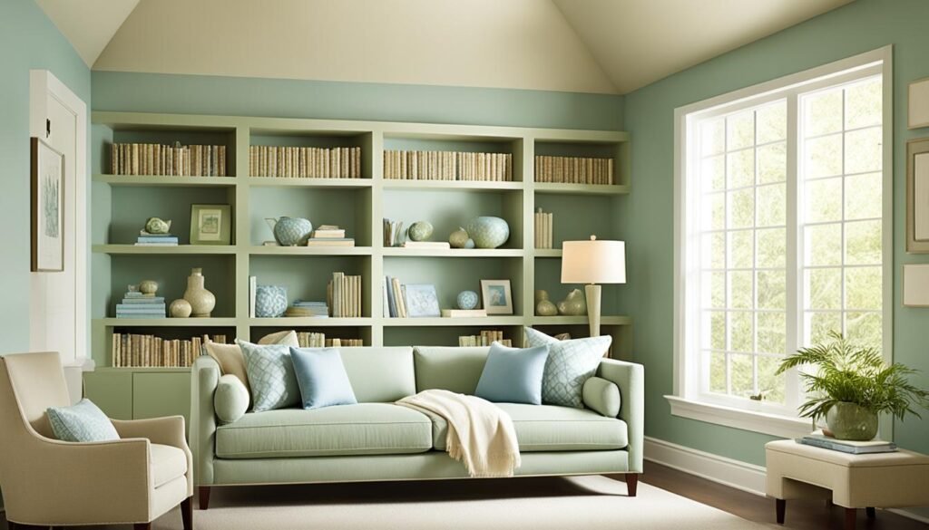 A serene and cozy living room with built-in shelves filled with books and decorative items. The room features a pastel green sofa adorned with blue and green cushions, a matching armchair, and a soft area rug. A large window allows natural light to illuminate the space, highlighting the calming mint green walls. A floor lamp and a small table with a potted plant add to the tranquil ambiance. 