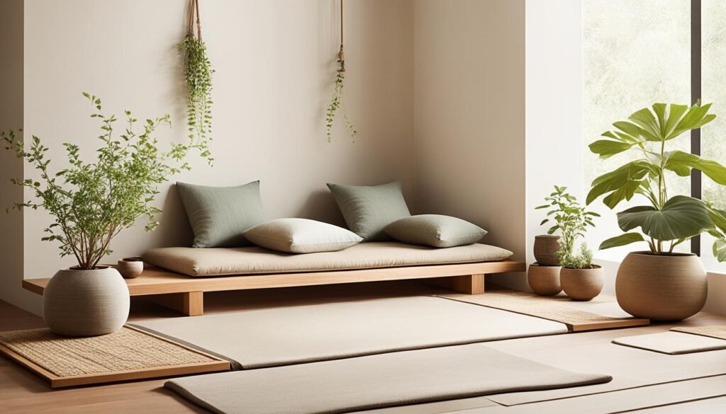 A minimalist Zen-inspired sitting area with a low wooden platform, adorned with simple beige cushions and light green throw pillows. The space is decorated with various potted plants, including ferns and large leafy greens, enhancing the natural and serene ambiance. A large window allows natural light to fill the room, creating a bright and peaceful environment. Hanging plants add a touch of greenery to the neutral walls.