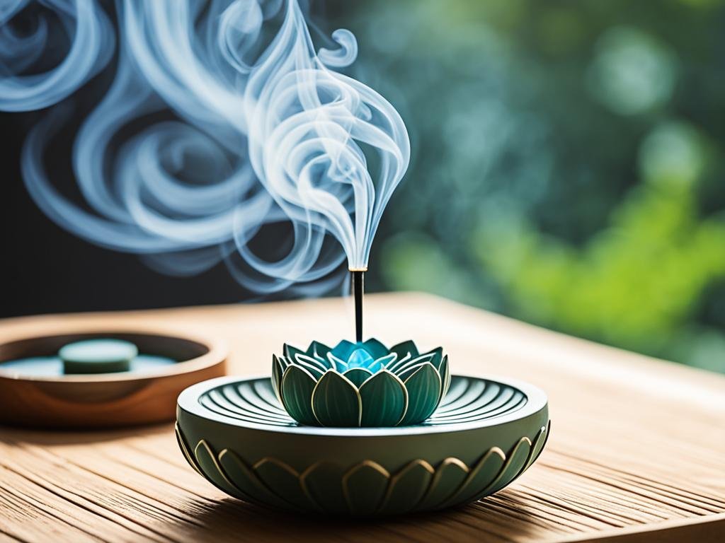 A close-up image of a beautifully designed lotus-embossed incense holder on a wooden table. The incense holder is green with intricate lotus petal patterns, emitting delicate trails of smoke that swirl upwards. In the background, there is a blurred view of greenery, enhancing the serene and peaceful atmosphere of the scene.