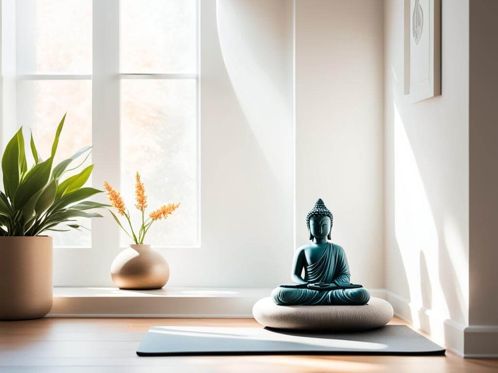 A serene, minimalist corner of a room bathed in natural light from large windows. A teal Buddha statue is placed on a round cushion, creating a focal point of calm and meditation. Next to the statue is a small potted plant with elongated green leaves, and a vase holding delicate orange flowers. The walls and flooring are light-colored, enhancing the tranquil atmosphere.