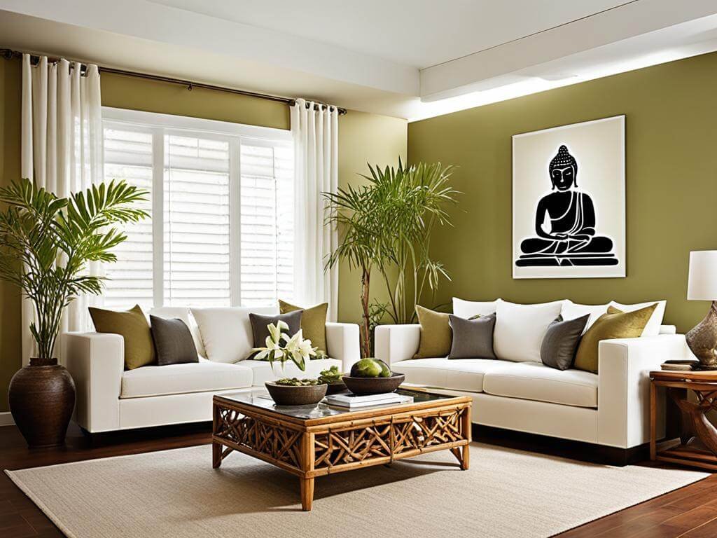 A modern living room with a serene Buddha Interior Design. The room features two white sofas adorned with green and brown throw pillows, centered around a wooden coffee table with a glass top. Large potted plants are placed in each corner, adding a touch of nature. White curtains frame a large window, allowing natural light to flood the space. On the olive-green accent wall, a black and white artwork of a meditating Buddha adds a focal point, enhancing the room's tranquil and stylish decor.