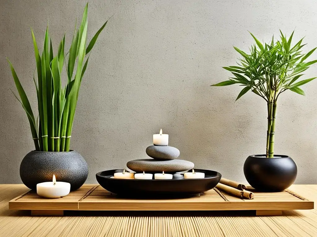 A calming, Zen-inspired arrangement on a wooden table. At the center is a black bowl with stacked smooth stones, topped with a small lit candle, surrounded by more tea light candles. On either side, there are potted plants; the left pot contains tall, slender green leaves, and the right pot has a small bamboo plant. The overall setting is minimalist and serene, with a neutral background wall enhancing the tranquility.