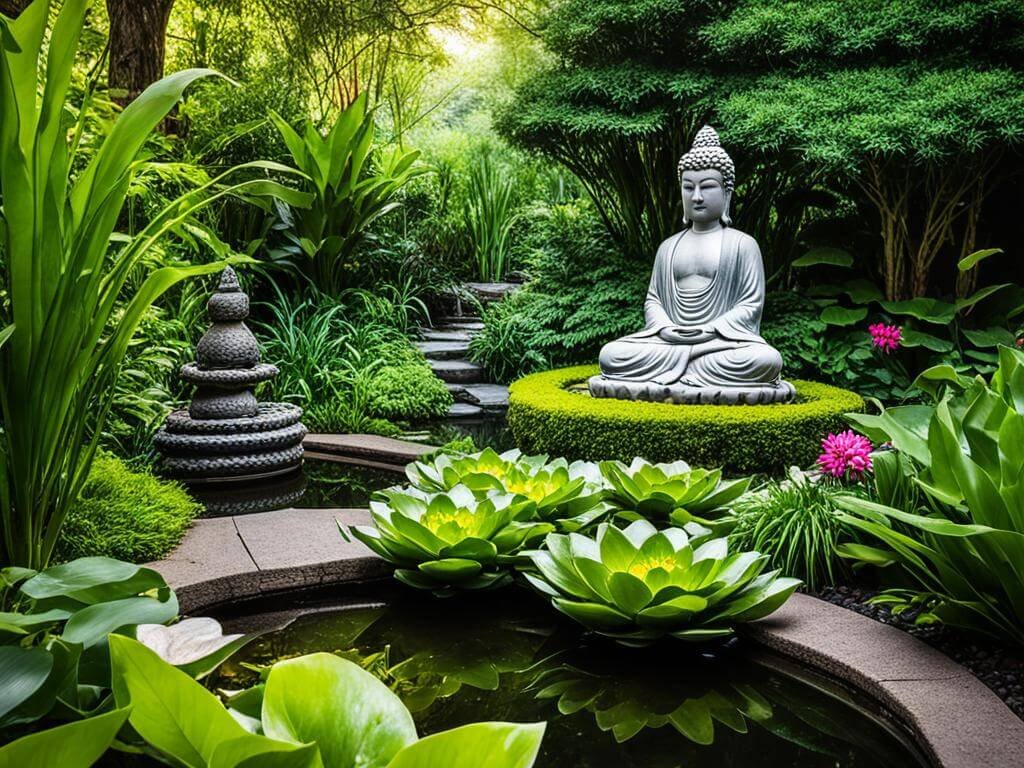 A serene Zen garden with lush green foliage, a tranquil pond with lotus flowers, and a statue of Buddha in a meditative pose. The garden is well-manicured with a mix of large and small plants, creating a peaceful and harmonious atmosphere.