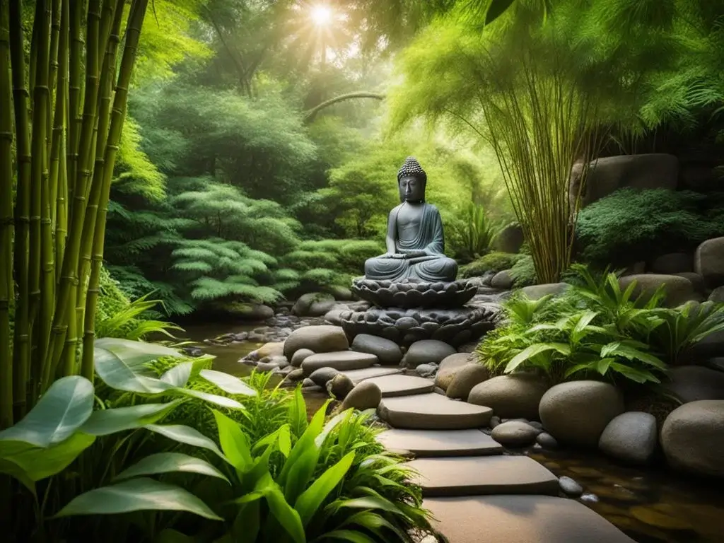 A tranquil Buddha-inspired garden featuring a serene stone Buddha statue seated on a lotus pedestal surrounded by lush greenery and bamboo. A stone pathway leads to the statue, with smooth rocks and vibrant plants creating a peaceful atmosphere. Sunlight filters through the dense foliage, enhancing the meditative and calming environment.